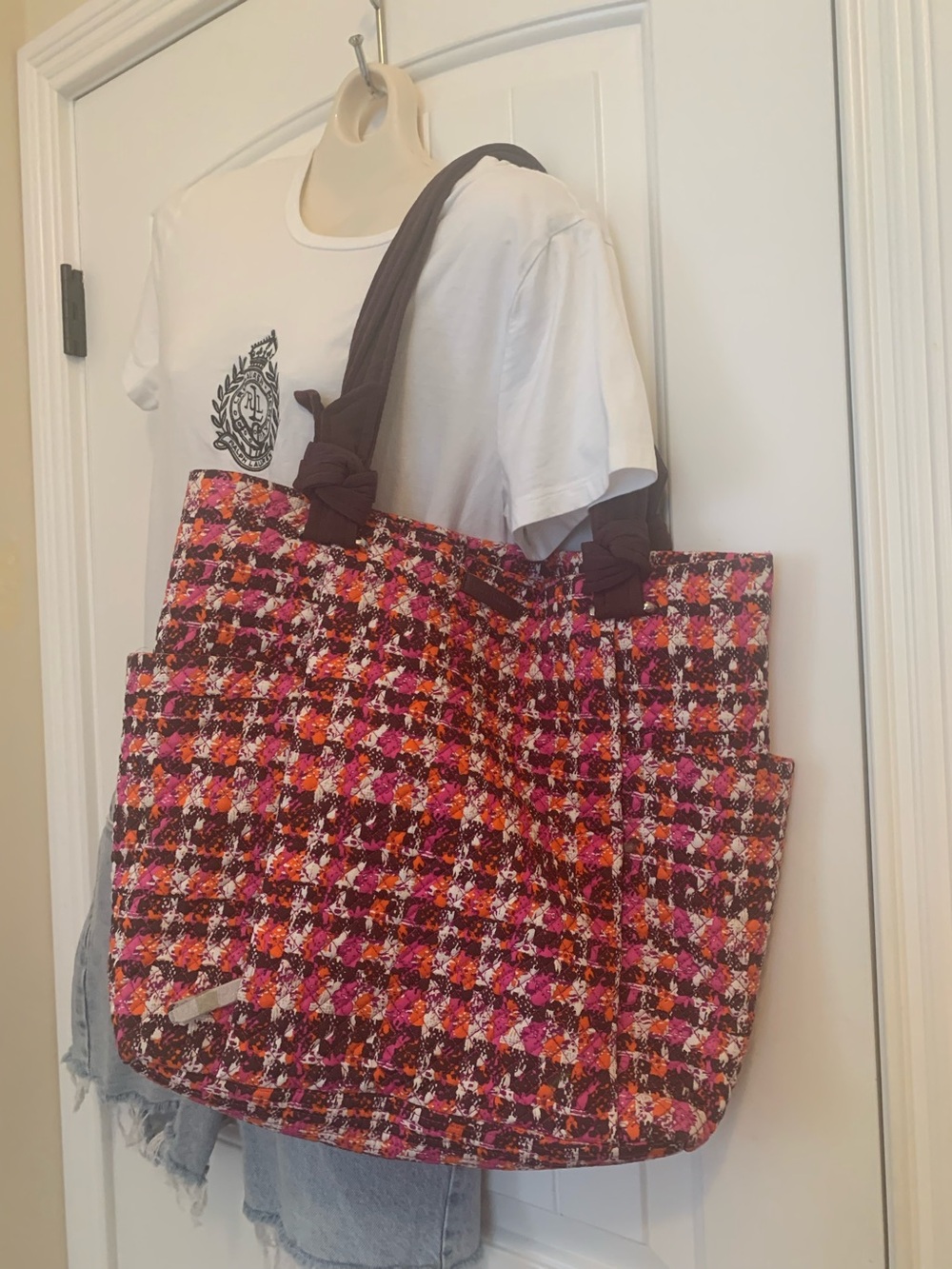 Vera Bradley Multi-Color quilted large Tote Bag with Brown Handles
